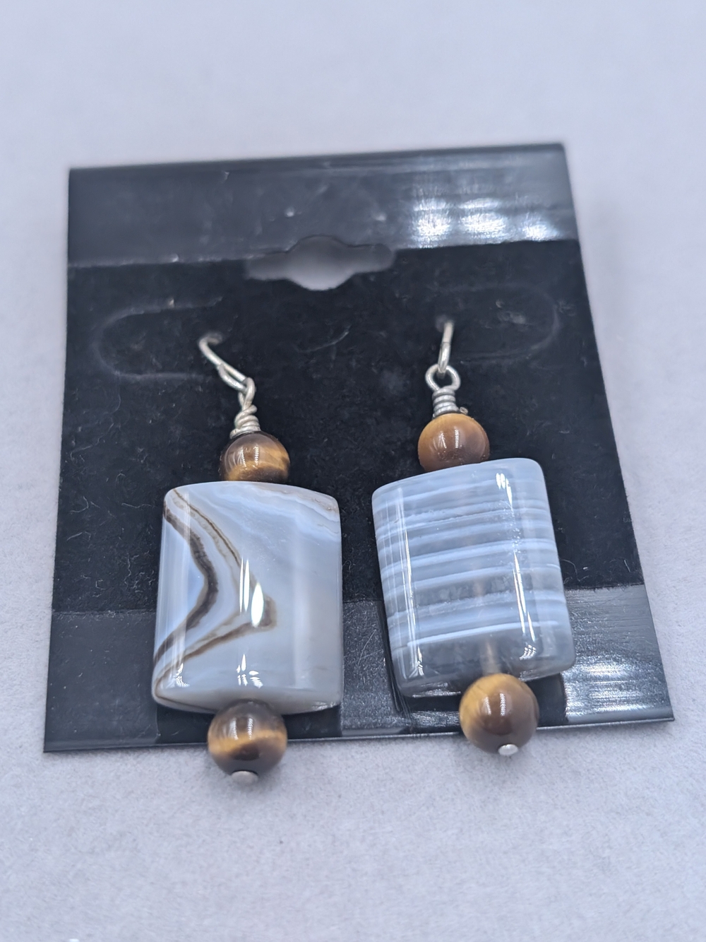 Gray Banded Agate & Tiger’s Eye Dangle Earrings | M271